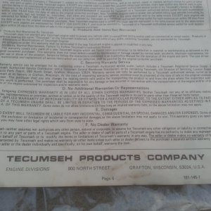 Tecumseh HS40 Horizontal CrankShaft 4cyl Engine Manual Warranty