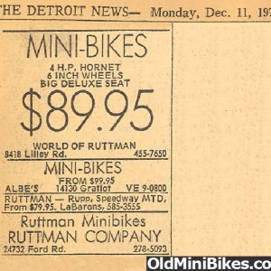 Ruttman Mini-Bikes Detroit News Ad